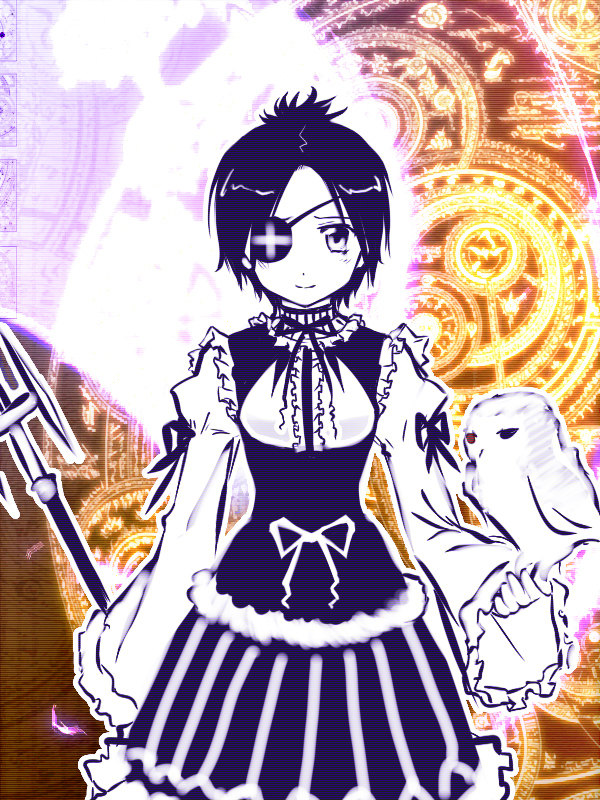 33paradox, chrome dokuro, rokudou mukuro, katekyo hitman reborn!, bad id, bad pixiv id, 00s, 1girl, bird, bird on hand, dress, eyepatch, female focus, lolita fashion, owl, polearm, solo, weapon
