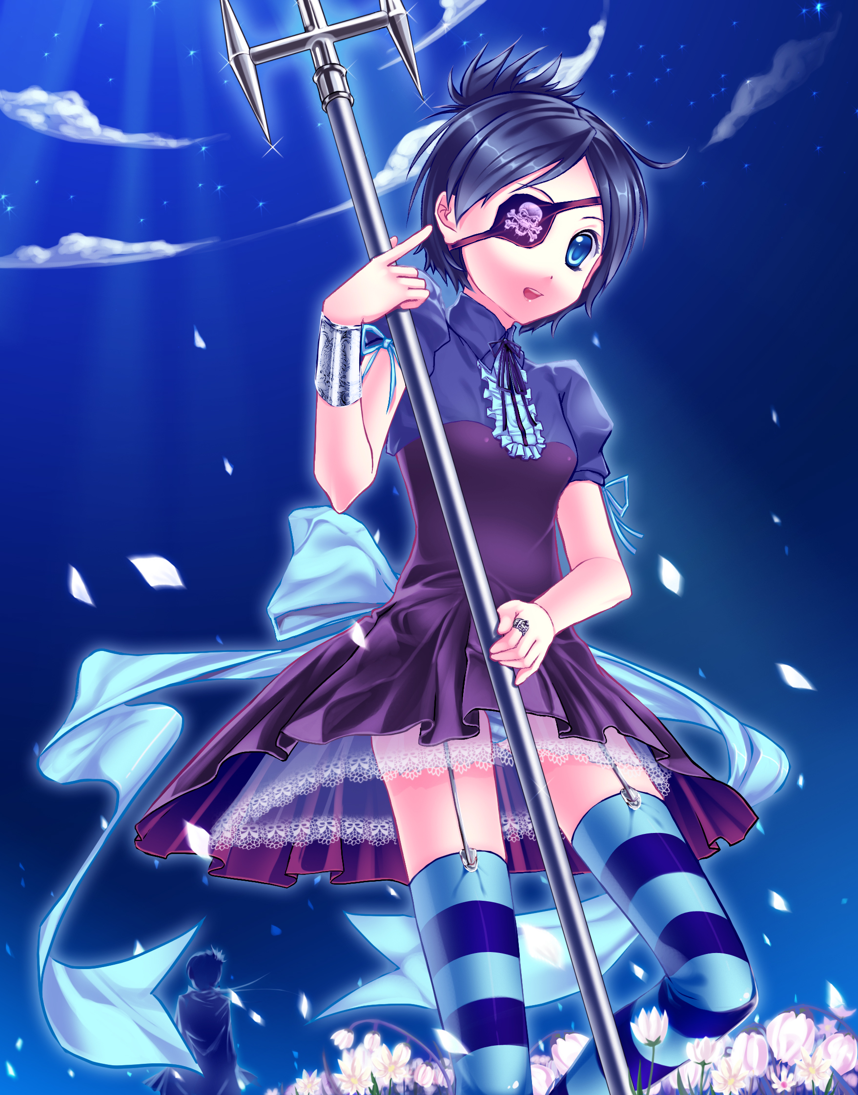 33paradox, chrome dokuro, rokudou mukuro, katekyo hitman reborn!, bad id, bad pixiv id, highres, 00s, 1boy, 1girl, blue eyes, blue hair, blue panties, blue thighhighs, dress, eyepatch, flower, garter straps, nature, outdoors, panties, pantyshot, polearm, see-through clothes, sky, solo focus, spear, standing, star (sky), starry sky, striped clothes, striped panties, striped thighhighs, thighhighs, underwear, weapon