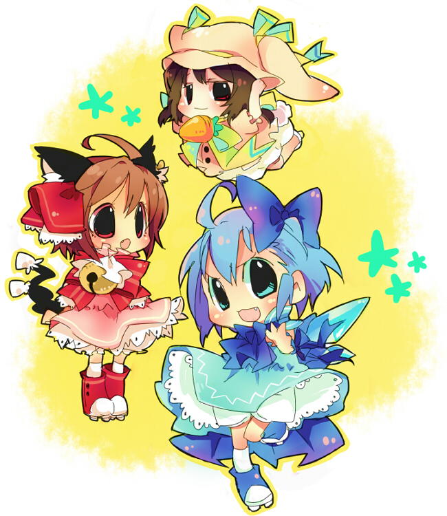 ch3, keien, methyl key, chen, cirno, inaba tewi, touhou, bad id, bad pixiv id, 3girls, ahoge, alternate costume, animal ears, blue eyes, blue hair, bow, brown hair, carrot, cat ears, cat girl, cat tail, female focus, hair bow, hair ribbon, hat, multiple girls, red eyes, ribbon, short hair, tail, wings