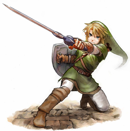 ponky, link, nintendo, the legend of zelda, 1boy, blue eyes, gloves, hat, holding sword, male focus, master sword, pointy ears, shield, solo, sword, weapon