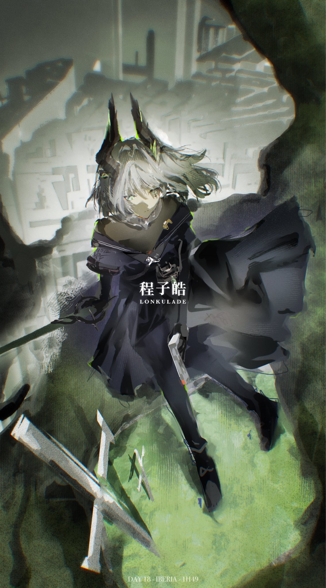 irene (arknights), irene (the adjudicatrix and her resolve) (arknights), arknights, commentary, english commentary, highres, 1girl, artist name, bodystocking, completion time, cross, cross scar, dress, english text, green eyes, grey hair, gun, handgun, head wings, holding, holding gun, holding sword, holding weapon, layered sleeves, long sleeves, lonkulade, pleated dress, purple dress, ruins, scar, scar on face, short hair, short over long sleeves, short sleeves, sitting, solo, sword, weapon, wings