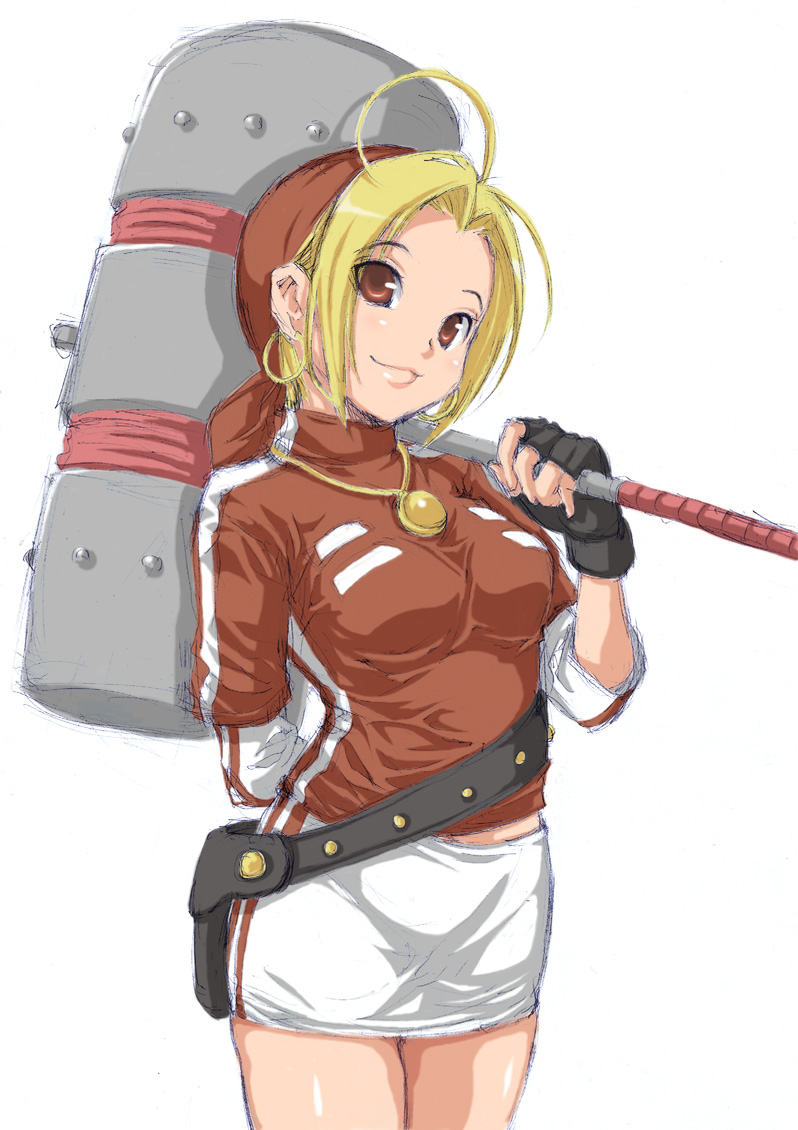 jankey, malin (kof), snk, the king of fighters, 1girl, ahoge, bandana, blonde hair, breasts, brown eyes, earrings, female focus, fingerless gloves, gloves, hammer, huge weapon, jewelry, miniskirt, necklace, pencil skirt, skirt, solo, weapon