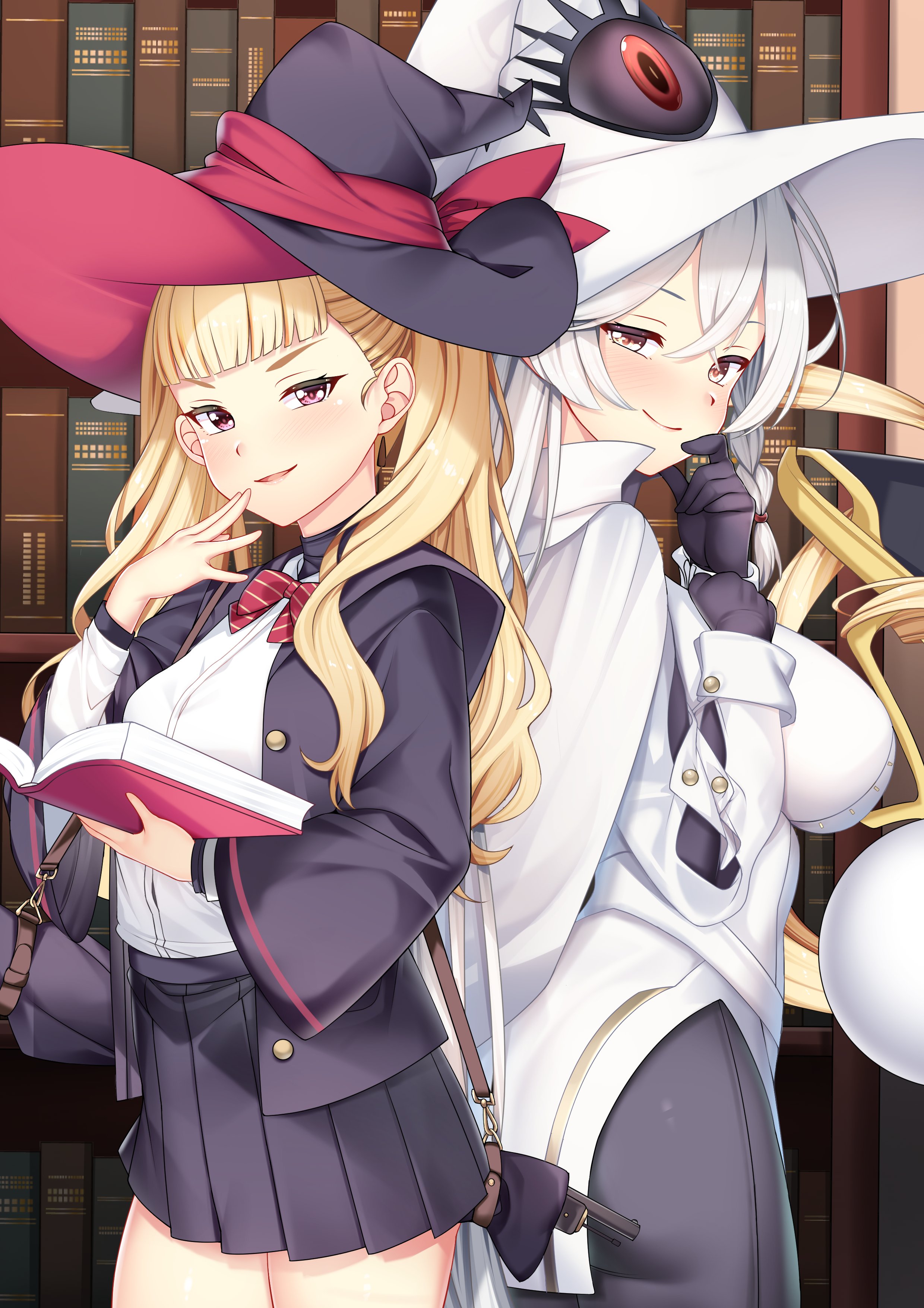 nabunabu, eitri (fire emblem), eri (blue archive), blue archive, fire emblem, fire emblem heroes, nintendo, absurdres, highres, 2girls, back-to-back, blonde hair, book, bookshelf, cosplay, costume switch, hand on own face, hat, holding, holding book, looking at viewer, multiple girls, white hair, witch hat