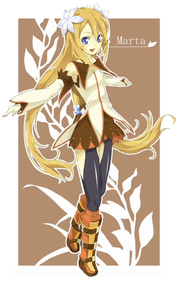 kazuma (kazumav), marta lualdi, tales of (series), tales of symphonia, tales of symphonia: dawn of the new world, 00s, 1girl, blonde hair, blue eyes, boots, brown hair, character name, female focus, flower, full body, gloves, hair flower, hair ornament, knee boots, long hair, smile, solo