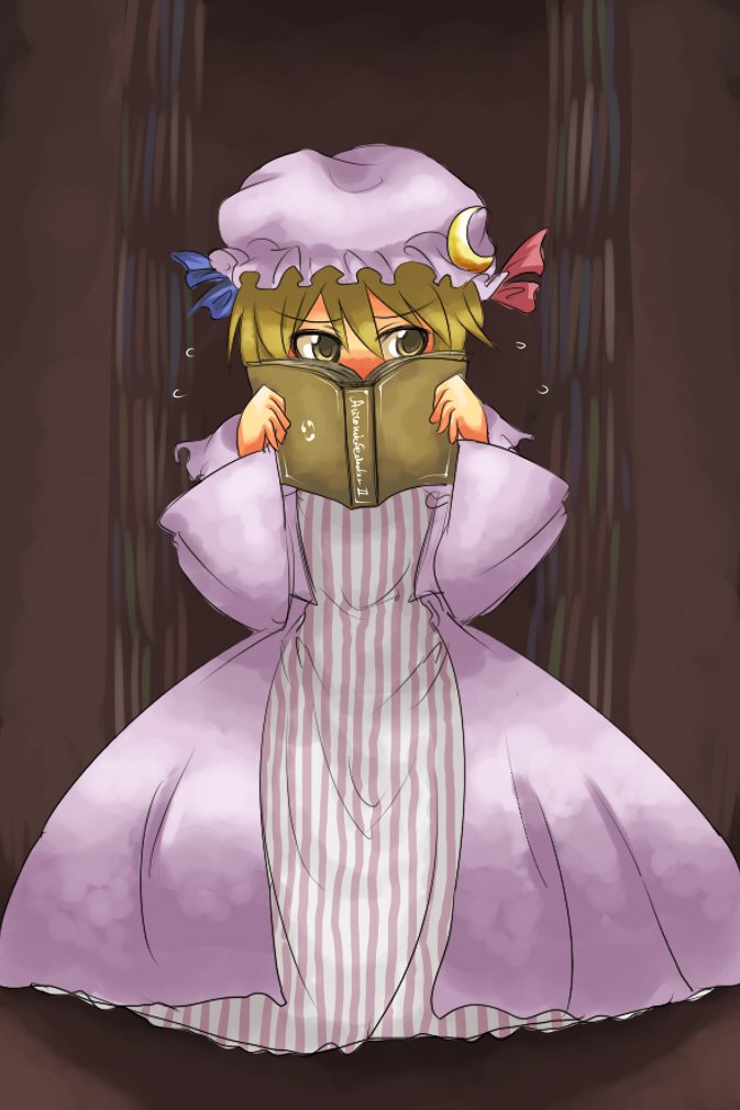 harusame (unmei no ikasumi), lunasa prismriver, patchouli knowledge, touhou, 1girl, blonde hair, book, cosplay, female focus, hat, indoors, patchouli knowledge (cosplay), solo