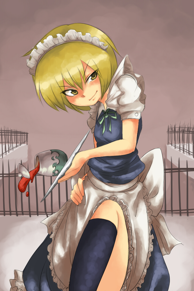harusame (unmei no ikasumi), izayoi sakuya, lunasa prismriver, touhou, 1girl, artistic error, blonde hair, cosplay, female focus, gradient background, izayoi sakuya (cosplay), maid, solo