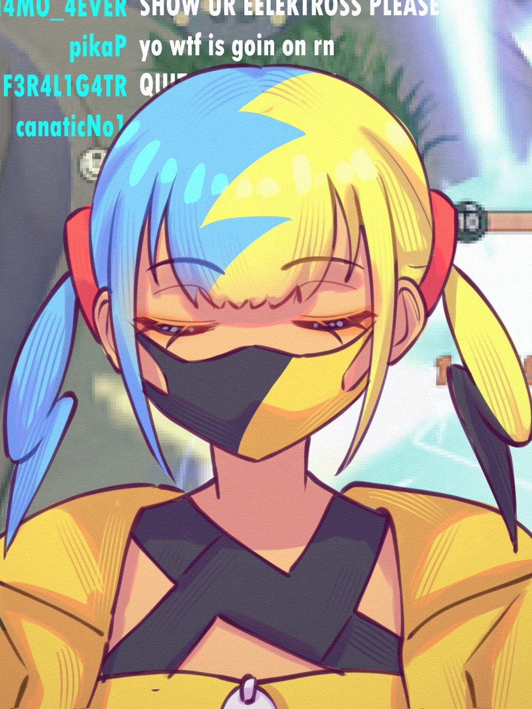 sher (imnotsher), canari (pokemon), nintendo, pokemon, pokemon legends: z-a, highres, 1girl, aqua hair, bandeau, black mask, blonde hair, center-flap bangs, chat log, closed eyes, criss-cross halter, facing viewer, halterneck, ishowspeed trying not to laugh (meme), jacket, mask, meme, mouth mask, multicolored hair, short twintails, solo, split-color hair, twintails, two-tone hair, two-tone mask, upper body, yellow bandeau, yellow jacket, yellow mask