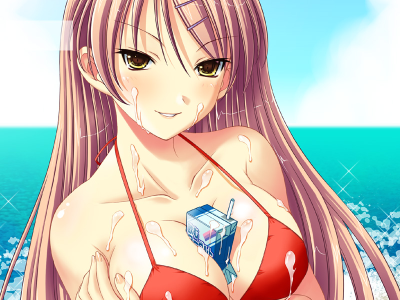 saitou tsukasa, original, 1girl, between breasts, bikini, blonde hair, breasts, cleavage, cum, day, female focus, hair ornament, hairclip, large breasts, long hair, naughty face, ocean, outdoors, sexually suggestive, sky, smile, solo, swimsuit, teasing, yellow eyes