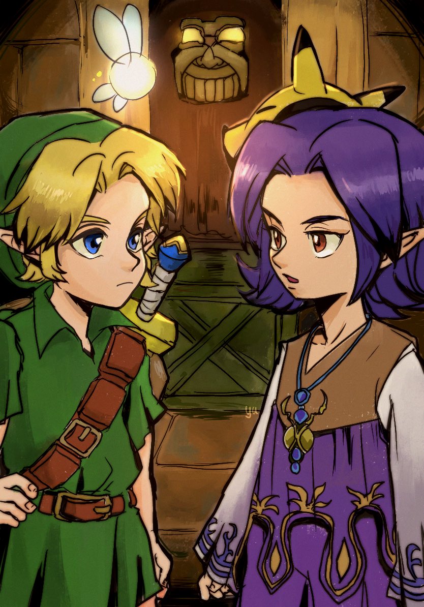agua mp, kafei, link, tatl, young link, nintendo, the legend of zelda, the legend of zelda: majora's mask, 2boys, belt, blonde hair, blue eyes, cowboy shot, crate, hand on own hip, hat, indoors, jewelry, keaton mask, looking at another, mask, mask on head, multiple boys, open mouth, pendant, pointy ears, purple hair, red eyes, sword, sword on back, tunic, weapon on back