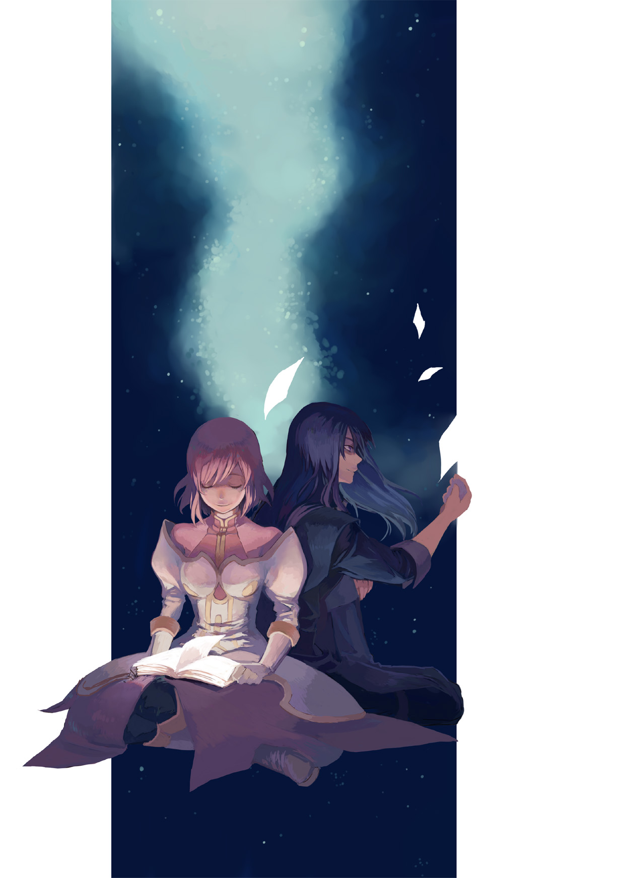 sarai, estellise sidos heurassein, yuri lowell, tales of (series), tales of vesperia, highres, 00s, 1boy, 1girl, black hair, book, closed eyes, gloves, long hair, open book, pink hair, reading, short hair, smile