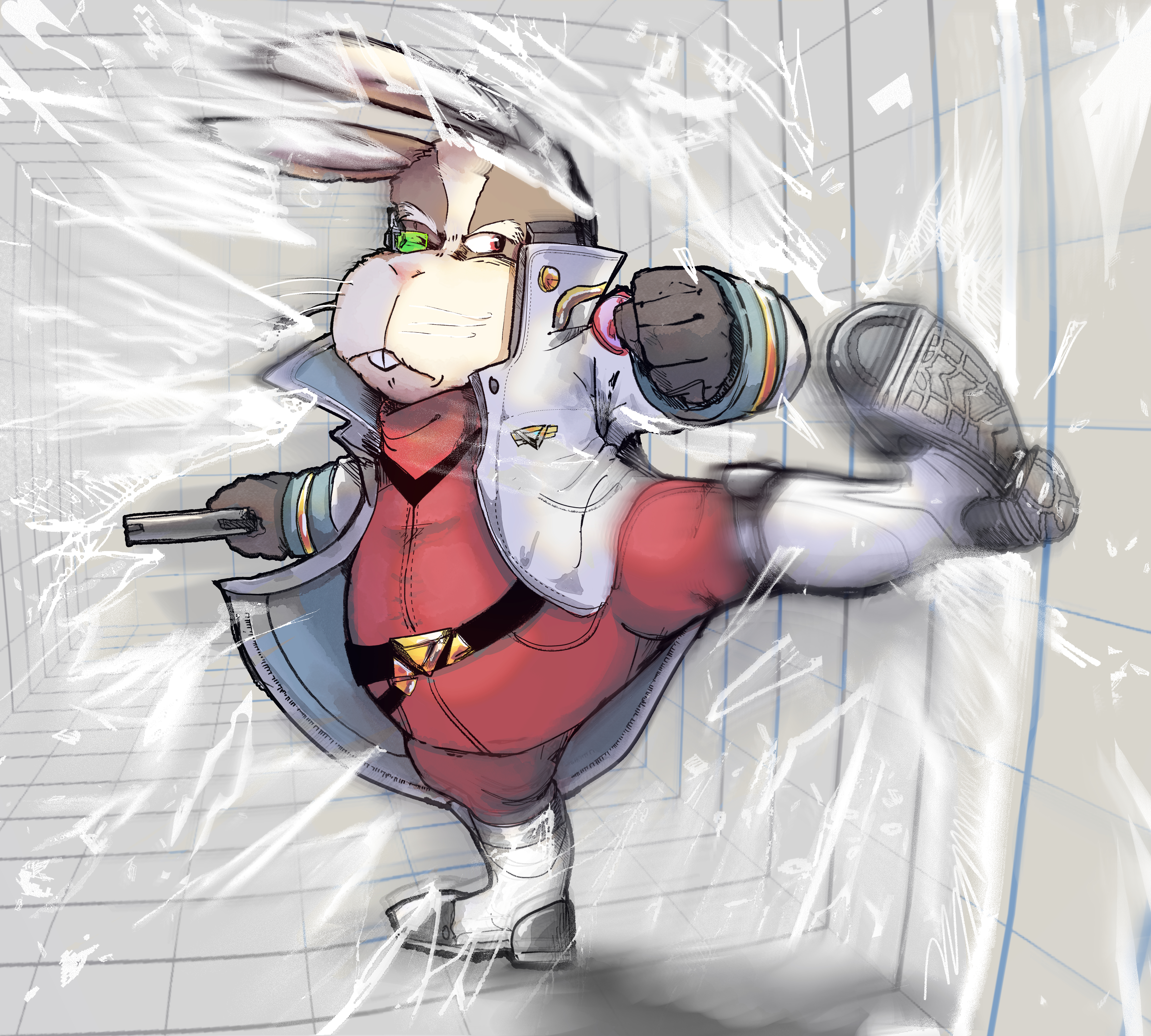 peppy hare, nintendo, star fox, absurdres, highres, 1boy, belt, boots, clenched hand, frown, full body, gun, handgun, holding, holding gun, holding weapon, jacket, katamichi miharu, kicking, leg up, pistol, red eyes, scouter, solo, standing, weapon