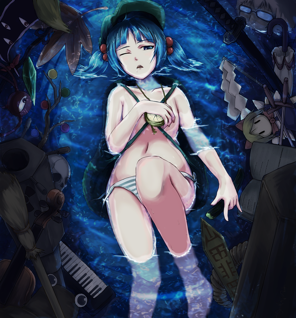 crost, kawashiro nitori, morichika rinnosuke, pyonta, shanghai doll, touhou, bad id, bad pixiv id, 1boy, 1girl, barefoot, blue hair, book, cucumber, doll, gap (touhou), gohei, hair bobbles, hair ornament, hand fan, hat, instrument, keyboard, keyboard (instrument), knife, leaf, navel, no bra, panties, partially submerged, pocket watch, rod of remorse, skull, soaking feet, sword, synthesizer, topless female, twintails, umbrella, underwear, violin, watch, water, weapon, when you see it