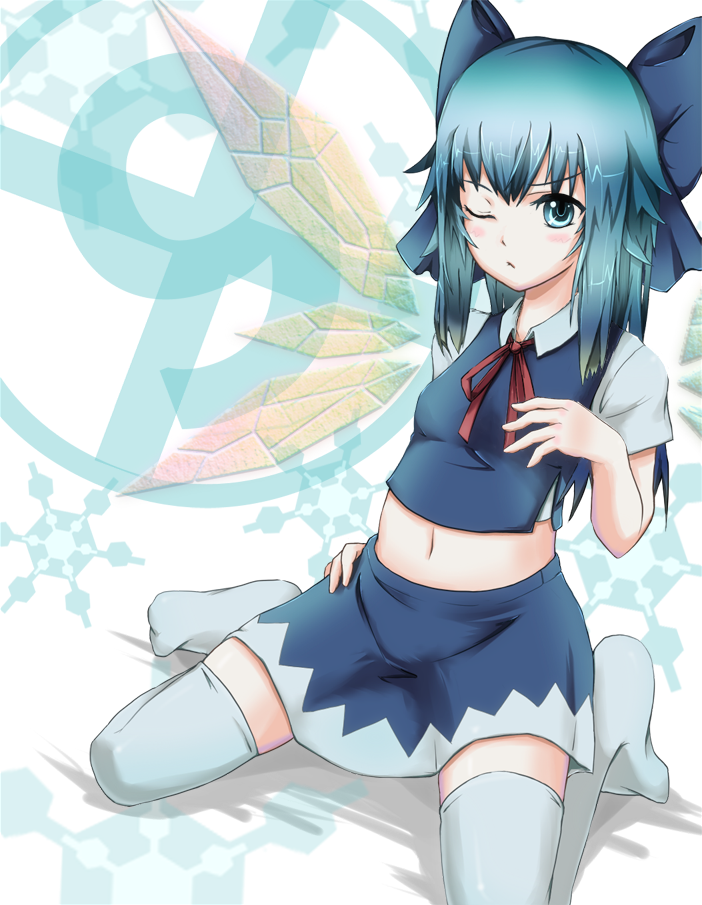 crost, cirno, phantasmagoria of flower view, touhou, bad id, bad pixiv id, 1girl, adapted costume, blue eyes, blue hair, circled 9, female focus, matching hair/eyes, midriff, navel, one eye closed, solo, thighhighs, white thighhighs, wings, wink