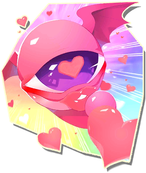 suezo, monster farm, monster farm online, official art, cyclops, glowing lips, head wings, heart, heart-shaped pupils, monopod, monster, one-eyed, pink eye (monster farm), puffy lips, purple eyes, symbol-shaped pupils, wings