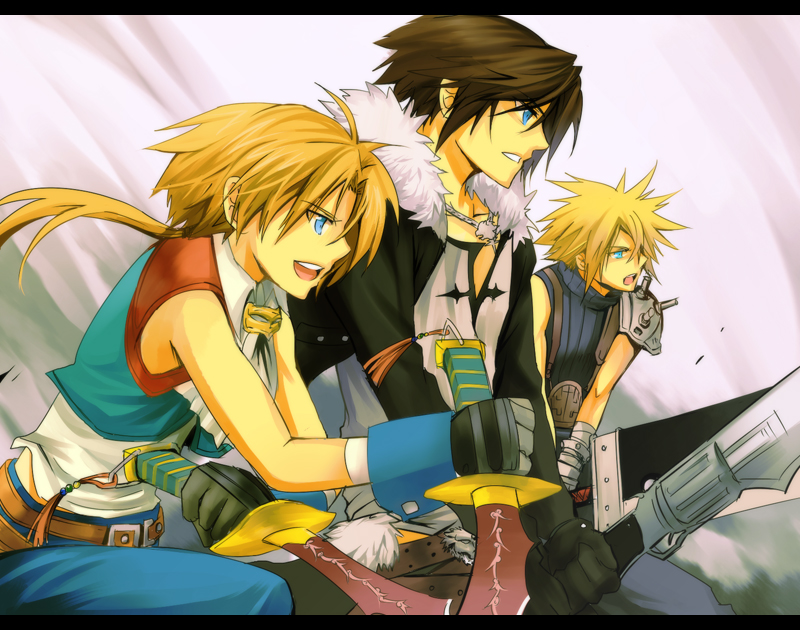 meru, cloud strife, squall leonhart, zidane tribal, dissidia final fantasy, final fantasy, final fantasy ix, final fantasy vii, final fantasy viii, 00s, 1990s (style), 3boys, blonde hair, blue eyes, brown hair, buster sword, dual wielding, gunblade, holding, knife, male focus, multiple boys, sword, weapon