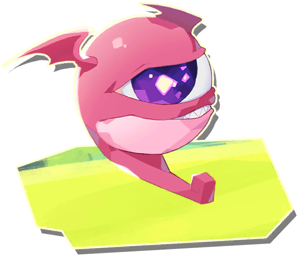suezo, monster farm, monster farm online, official art, cyclops, head wings, looking at viewer, monopod, monster, one-eyed, pink eye (monster farm), purple eyes, wings
