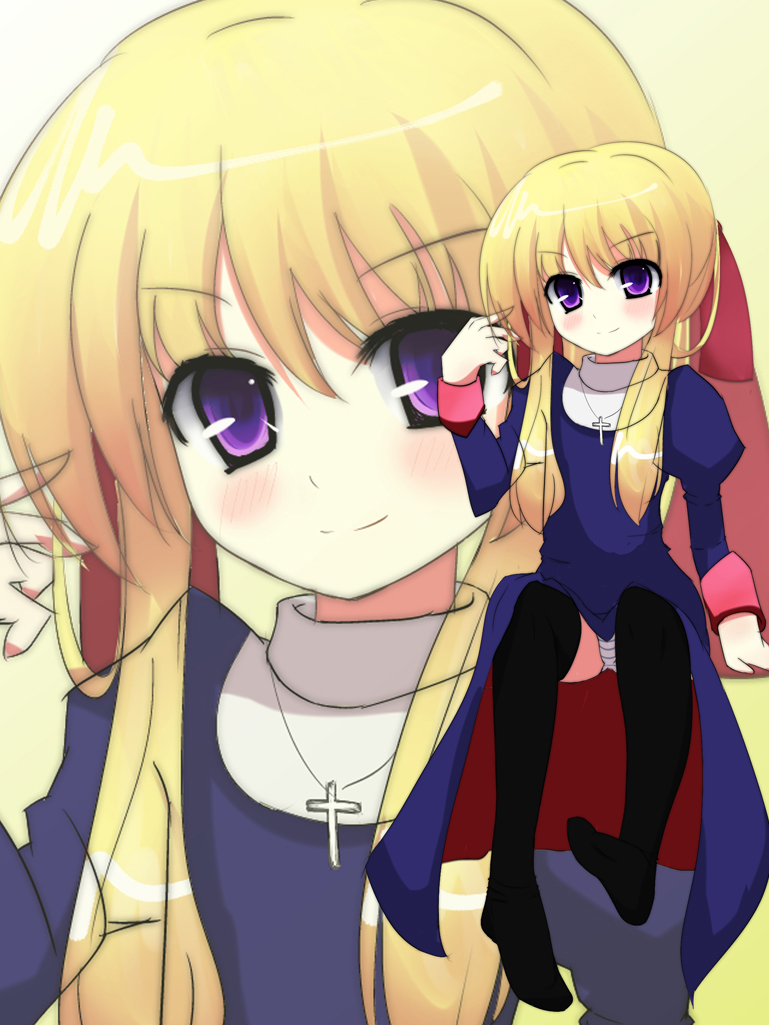 ushirosugata, priest (ragnarok online), ragnarok online, commentary request, 1girl, black thighhighs, blonde hair, blue dress, blush, closed mouth, cross, cross necklace, dress, flat chest, full body, invisible chair, jewelry, juliet sleeves, long hair, long sleeves, looking at viewer, necklace, no shoes, panties, pantyshot, puffy sleeves, purple eyes, sidelocks, sitting, smile, solo, thighhighs, underwear, white panties, yellow background, zoom layer