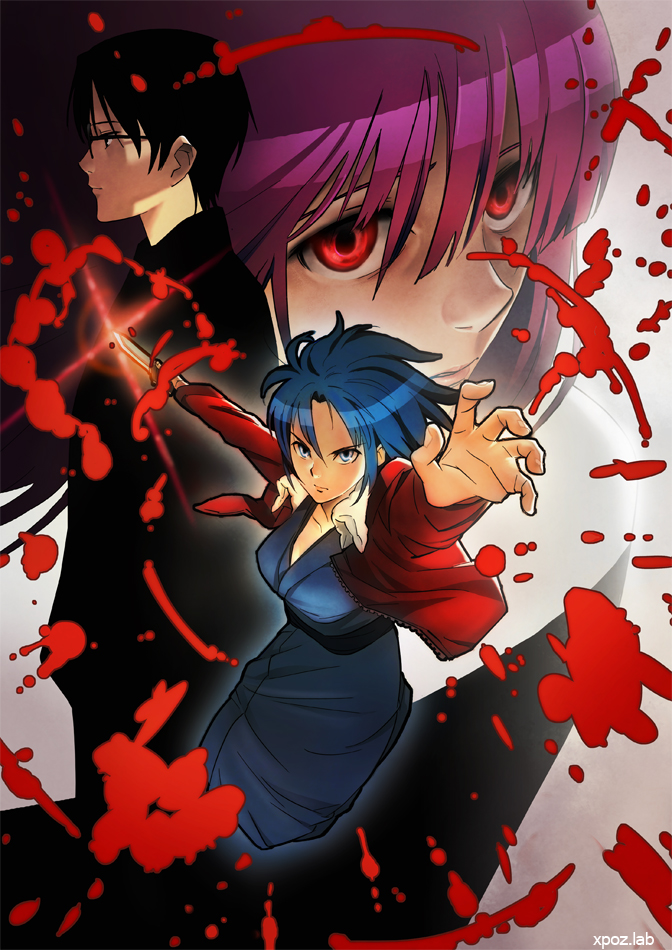 kikuchi, kikuchi (xpoz), asagami fujino, kokutou mikiya, ryougi shiki, kara no kyoukai, 1boy, 2girls, black hair, blood, blunt bangs, brown eyes, brown hair, glasses, glowing, glowing eyes, jacket, japanese clothes, kimono, knife, long hair, multiple girls, outstretched hand, purple hair, red eyes, red jacket, reien girl's academy school uniform, school uniform