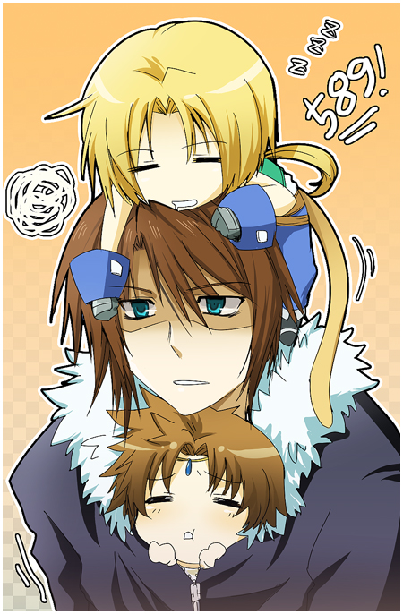 meru, bartz klauser, squall leonhart, zidane tribal, dissidia final fantasy, final fantasy, final fantasy ix, final fantasy v, final fantasy viii, 00s, 1990s (style), 3boys, blonde hair, blue eyes, brown hair, chibi, closed eyes, jacket, male focus, multiple boys, sleeping, squiggle, tail