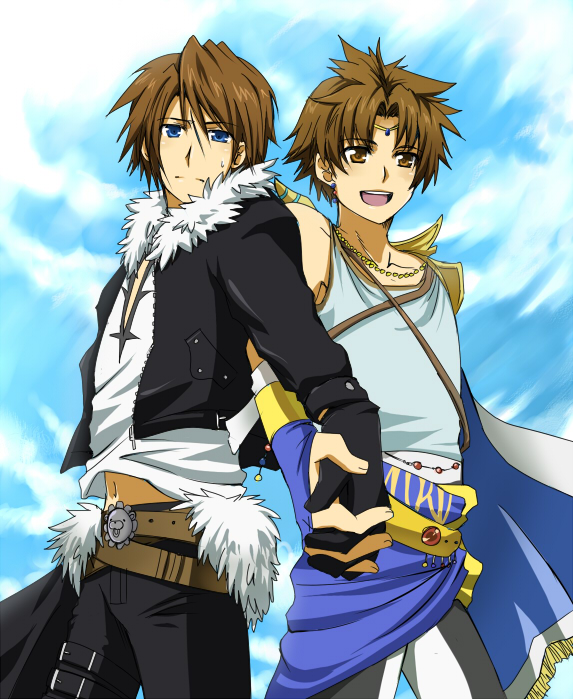 meru, bartz klauser, squall leonhart, dissidia final fantasy, final fantasy, final fantasy v, final fantasy viii, macross, macross frontier, 2boys, back-to-back, belt, blue eyes, brown eyes, brown hair, fur trim, gloves, holding hands, jacket, lion (macross frontier), locked arms, male focus, multiple belts, multiple boys, parody, scar, smile, sweat