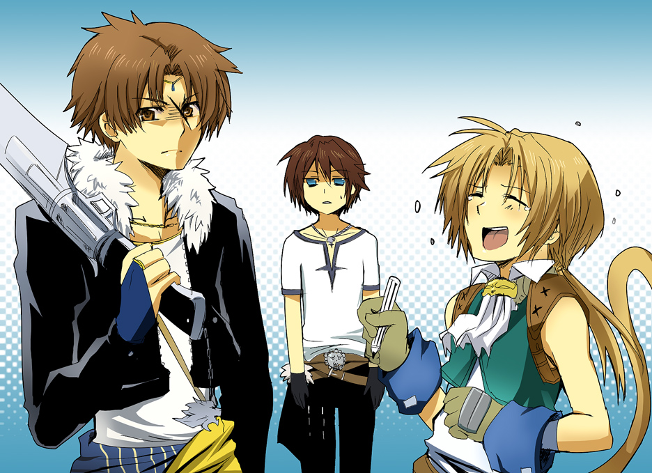 meru, bartz klauser, squall leonhart, zidane tribal, dissidia final fantasy, final fantasy, final fantasy ix, final fantasy v, final fantasy viii, 3boys, angry, cosplay, costume switch, gunblade, jacket, laughing, male focus, marker, multiple boys, squall leonhart (cosplay), weapon