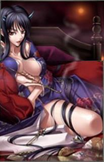 kagami hirotaka, omc, akezuka magane, tokyo kaidan, lights, cropped, jpeg artifacts, lowres, 1girl, :d, bare shoulders, bed, black hair, breasts, broken horn, brown eyes, comb, demon, demon girl, female focus, fingernails, floral print, from side, hair ornament, holding, horns, indoors, japanese clothes, kimono, kiseru, large breasts, lipstick, long fingernails, long hair, long sleeves, looking at viewer, makeup, mature female, nail polish, no bra, off shoulder, open clothes, open kimono, open mouth, pillow, reclining, red eyes, red lips, sidelocks, sitting, smile, smoke, smoking, smoking pipe, solo, very long hair, yuujo