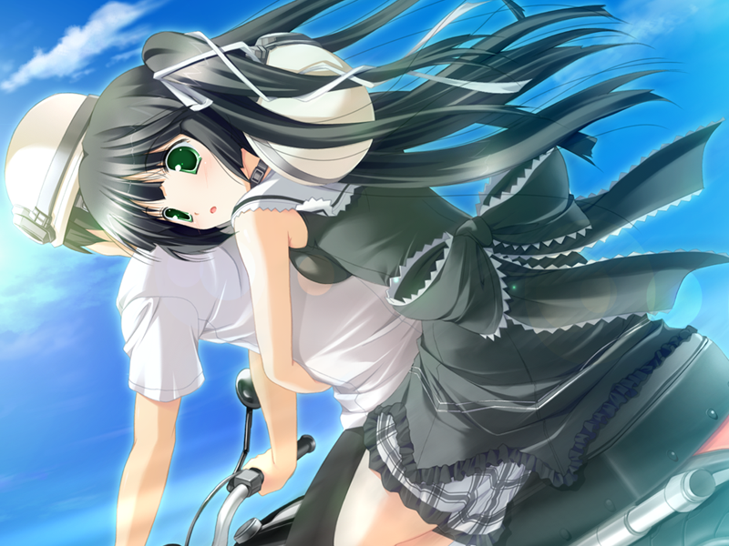 sakaki maki, kugenuma ayane, minna no uta, minna no uta ~everyone's song~, vehicle, game cg, non-web source, 1boy, 1girl, black hair, dutch angle, green eyes, helmet, long hair, motor vehicle, motorcycle, multiple riders, riding, solo focus, twintails