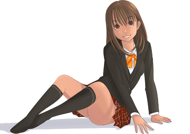 kiriman (souldeep), original, blazer, brown eyes, brown hair, jacket, kneehighs, panties, pantyshot, plaid clothes, plaid skirt, school uniform, simple background, skirt, smile, socks, solo, underwear, white background