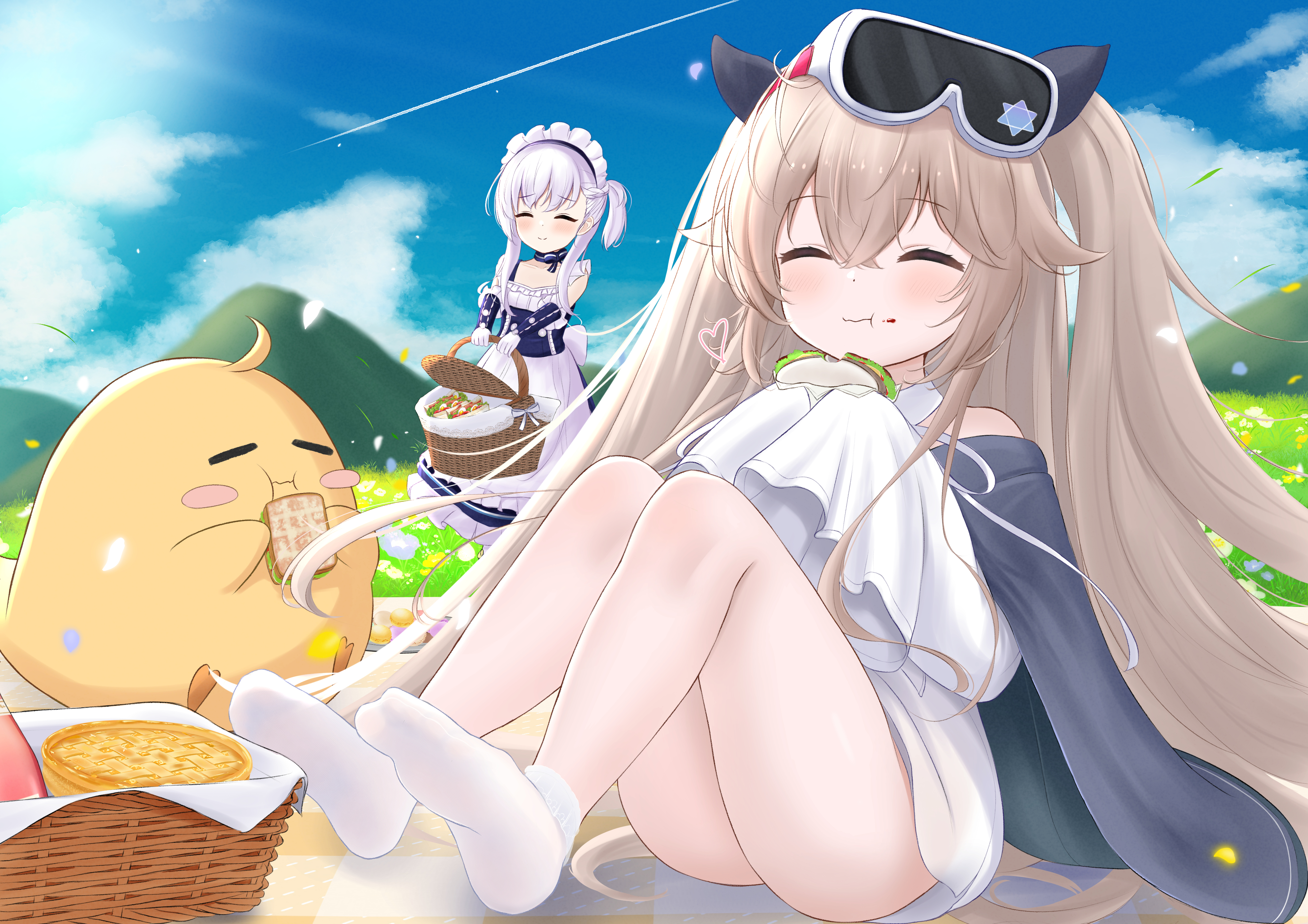 paashe, little anchorage (azur lane), little bel (azur lane), manjuu (azur lane), azur lane, absurdres, commentary request, highres, 2girls, blonde hair, blush stickers, cherry blossoms, chestnut mouth, closed eyes, cloud, contrail, dress, eating, feet, flower, food, goggles, goggles on head, hair ornament, hill, long hair, long sleeves, maid, maid headdress, multiple girls, open mouth, petals, picnic, picnic basket, sandwich, sitting, sleeves past fingers, sleeves past wrists, smile, socks, thighs, white hair, white socks
