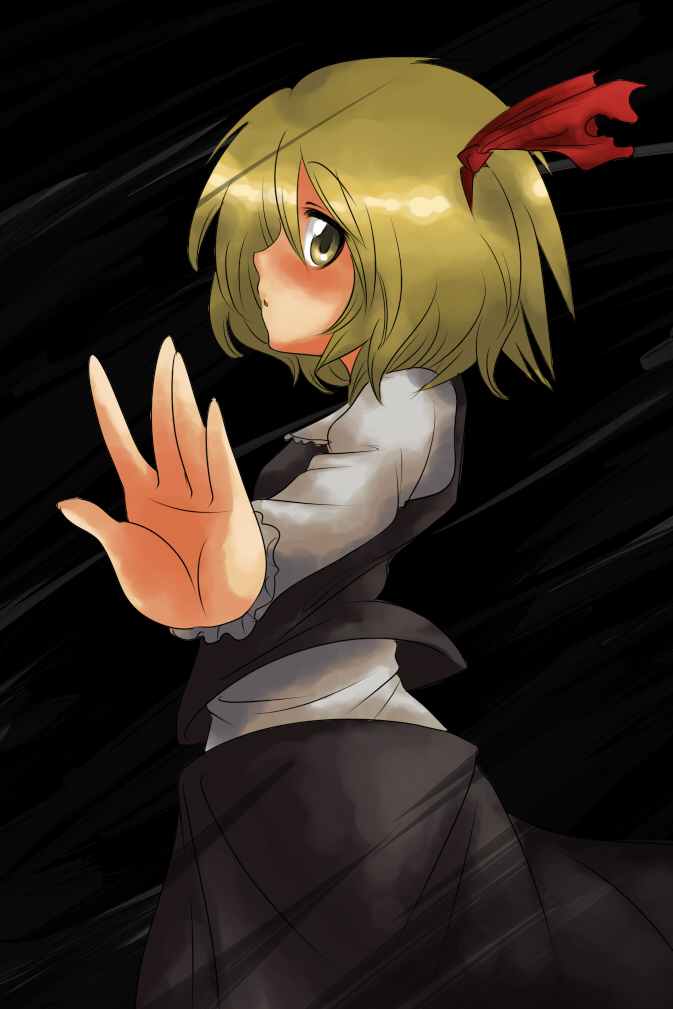 harusame (unmei no ikasumi), lunasa prismriver, rumia, embodiment of scarlet devil, touhou, 1girl, blonde hair, cosplay, darkness, female focus, foreshortening, hair ribbon, looking back, profile, red eyes, ribbon, rumia (cosplay), solo