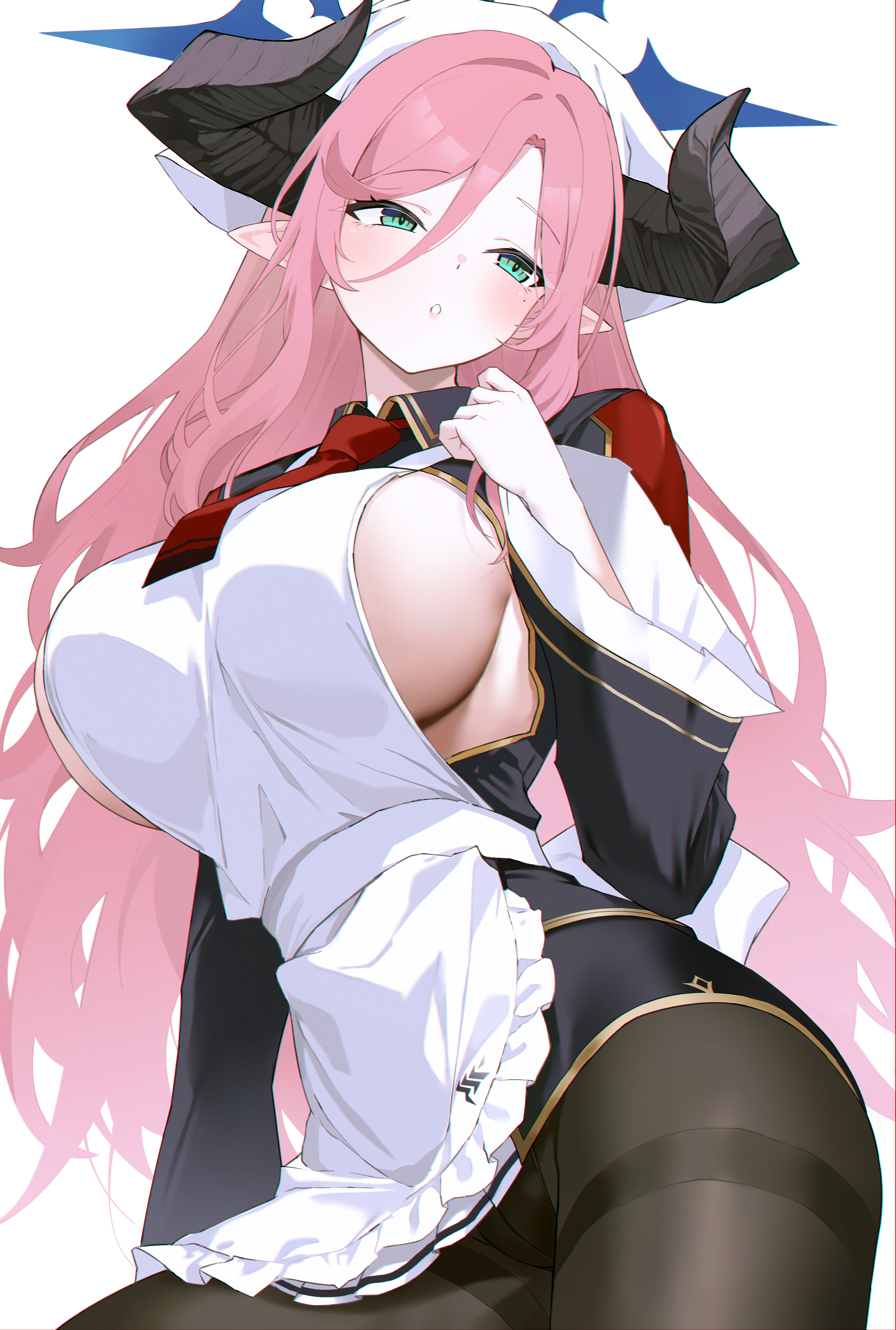 bine kun, juri (blue archive), blue archive, absurdres, highres, 1girl, apron, black horns, black pantyhose, breastless clothes, breasts, demon horns, halo, headscarf, horns, large breasts, long hair, looking at viewer, necktie, panties, pantyhose, pantyshot, pink hair, pointy ears, red necktie, sideboob, solo, thighband pantyhose, underwear, white background