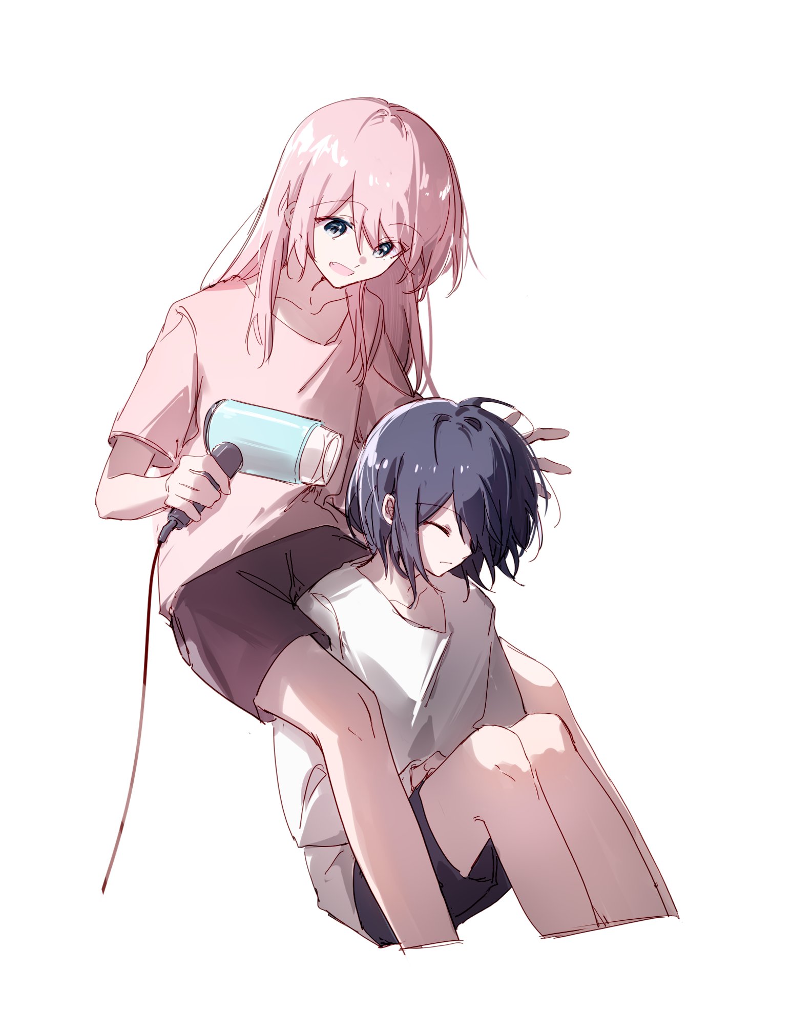 hibioes, chihaya anon, takamatsu tomori, bang dream!, bang dream! it's mygo!!!!!, highres, 2girls, black shorts, closed eyes, closed mouth, drying, drying another's hair, drying hair, grey eyes, grey hair, grey shorts, hair dryer, holding, holding hair dryer, long hair, multiple girls, open mouth, pink hair, pink shirt, shirt, short hair, shorts, simple background, white background