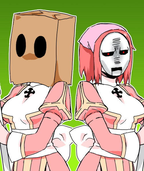 moni, high priest (ragnarok online), ragnarok online, commentary request, 1girl, back bow, bag, bag on head, bow, breasts, cross, dress, green background, headscarf, mask, masked, medium breasts, paper bag, pink dress, pink hair, pink headscarf, sash, short hair, simple background, two-tone dress, variations, white bow, white dress, white sash