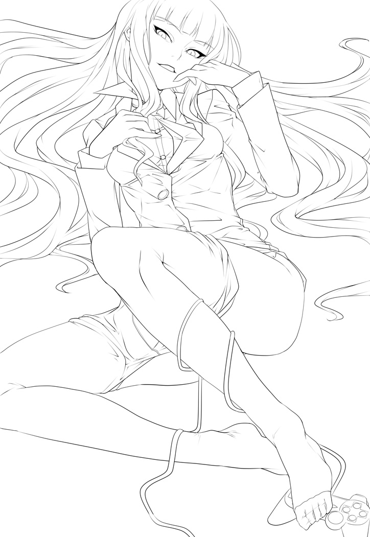 ban! (bansankan), female protagonist (houkago play), houkago play, 1girl, clothes pull, feet, female focus, greyscale, long hair, monochrome, pantyhose, pantyhose pull, sketch, solo, very long hair