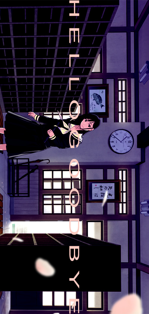yoshitaka, ogasawara sachiko, maria-sama ga miteru, rotated, 00s, 1girl, black hair, clock, female focus, full body, indoors, long sleeves, neckerchief, pointer, sailor collar, school, school uniform, serafuku, sideways, solo, standing, window