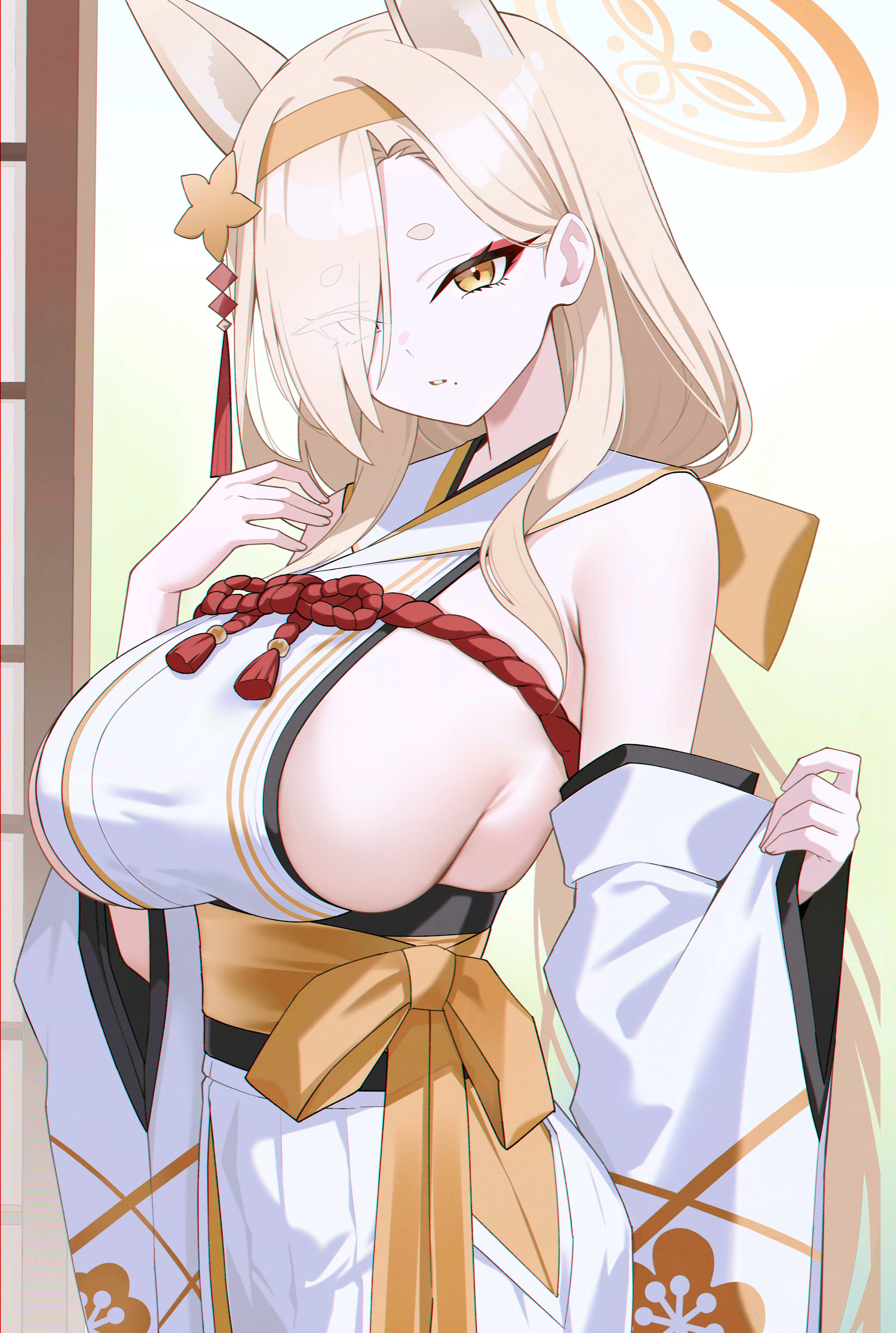 bine kun, kaho (blue archive), blue archive, absurdres, commentary, english commentary, highres, 1girl, animal ears, blonde hair, breasts, detached sleeves, extra ears, eyeshadow, fox ears, hair over one eye, hairband, hakama, halo, japanese clothes, kimono, large breasts, long bangs, long hair, looking at viewer, makeup, mole, mole under mouth, orange hairband, orange halo, pink eyeshadow, red rope, rope, short eyebrows, sideboob, sideless kimono, sleeveless, sleeveless kimono, thick eyebrows, white hakama, white kimono, yellow hairband