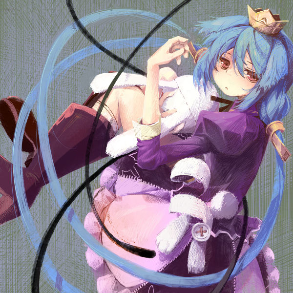 saya (sayaya), momomeno (7th dragon), princess (7th dragon), 7th dragon, 7th dragon (series), 1girl, blue hair, crown, female focus, green hair, red eyes, solo, stuffed animal, stuffed rabbit, stuffed toy