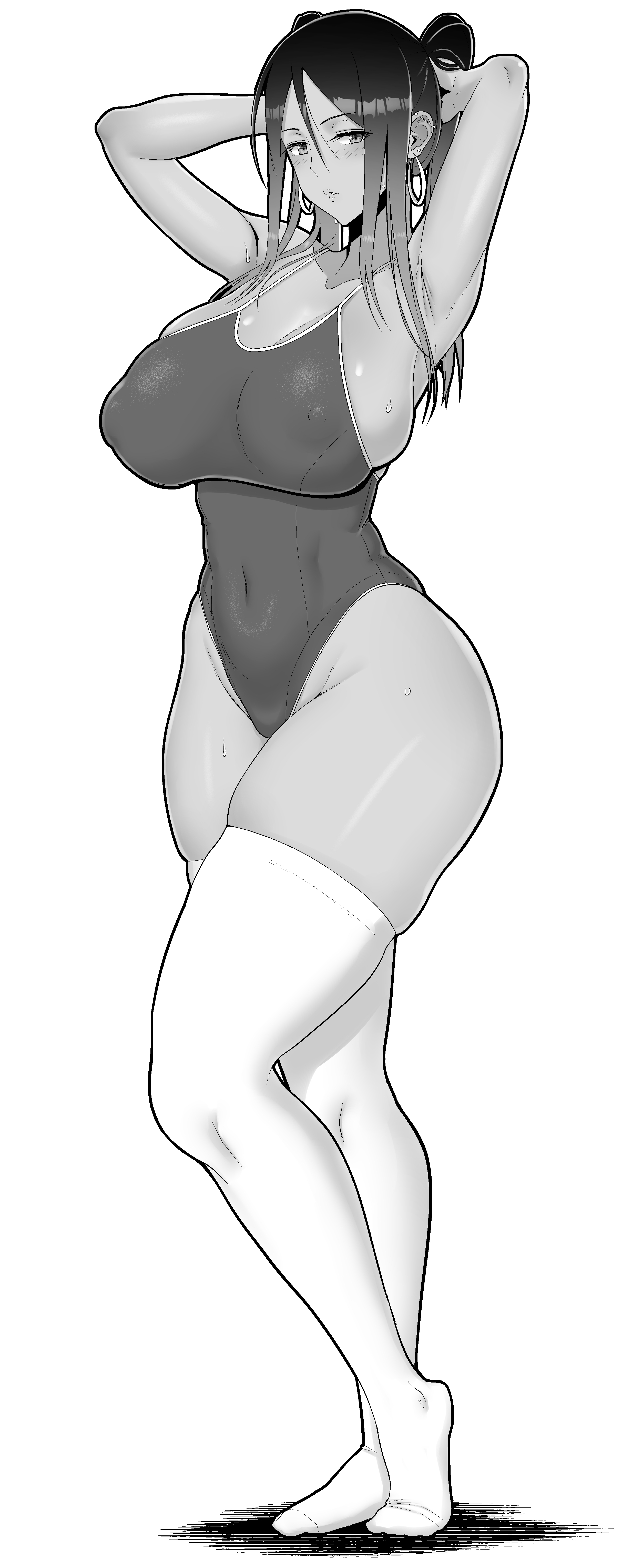 sueyuu, original, absurdres, highres, 1girl, armpits, arms behind head, blush, breasts, cleavage, competition swimsuit, covered erect nipples, covered navel, dark-skinned female, dark skin, feet, half-closed eyes, large breasts, legs, long hair, looking at viewer, monochrome, nipples, one-piece swimsuit, parted lips, seductive gaze, see-through clothes, sideboob, sweat, swimsuit, teeth, thick thighs, thighhighs, thighs, toned, twintails, wide hips, wide sleeves