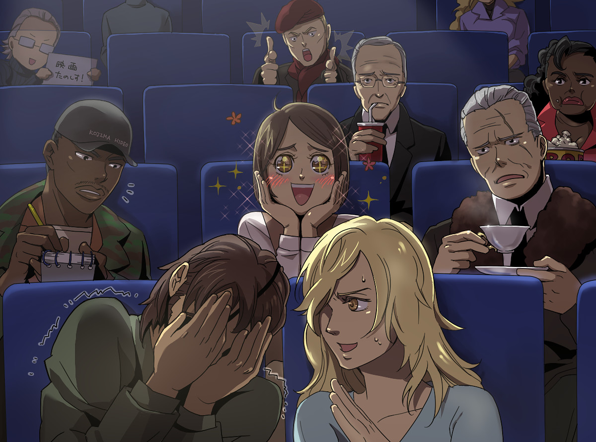hinoe (dd works), big boss, donald anderson, eva (metal gear), john mccone, major zero, naked snake, para-medic (mgs3), revolver ocelot, sigint, the sorrow, metal gear (series), metal gear solid, metal gear solid 3: snake eater, translated, + +, 4girls, 6+boys, black eyes, black hair, blonde hair, blush, brown hair, dark skin, eyepatch, ghost, glasses, grey hair, hair over one eye, hat, long hair, multiple boys, multiple girls, notepad, scar, scar across eye, scar on face, scared, shaking, short hair, smile, sweat, take it home, tea, theater, trembling, yellow eyes