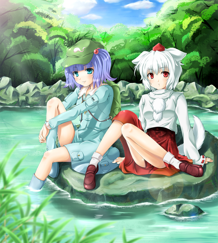 mochi.f, inubashiri momiji, kawashiro nitori, touhou, silver hair, bad id, bad pixiv id, 2girls, animal ears, backpack, bag, blue eyes, blue hair, female focus, hair bobbles, hair ornament, hat, multiple girls, randoseru, red eyes, short hair, tail, tokin hat, twintails, two side up, wolf ears, wolf tail