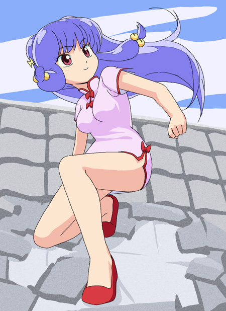 c-lop, shampoo (ranma 1/2), ranma 1/2, 1girl, blue hair, brown eyes, china dress, chinese clothes, dress, female focus, full body, long hair, no socks, rooftop, solo