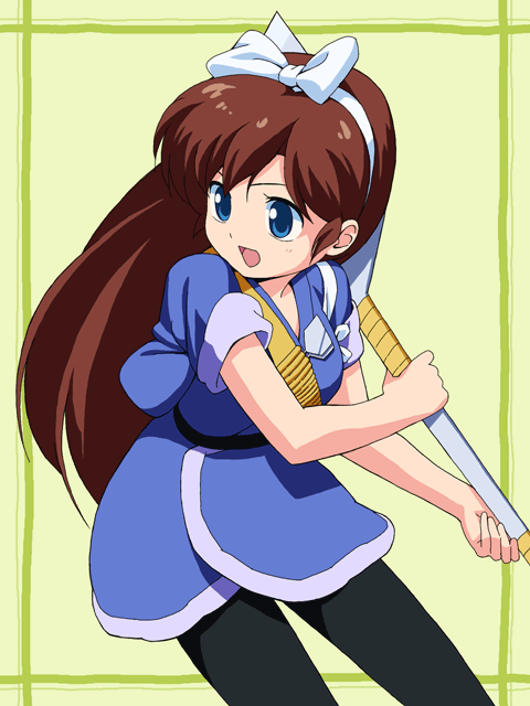 c-lop, kuonji ukyou, ranma 1/2, bad id, bad pixiv id, blue eyes, bow, brown hair, long hair, oversized object, solo, spatula