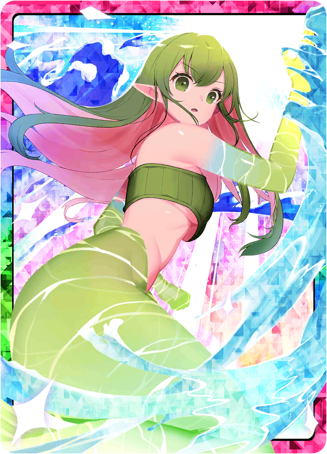 undine (monster farm), monster farm, monster farm online, highres, official art, 1girl, colored skin, green eyes, green hair, jewelry, looking at viewer, mermaid, monster girl, multicolored hair, necklace, pink skin, pointy ears, sports bra, surprised, yaobikini (monster farm)