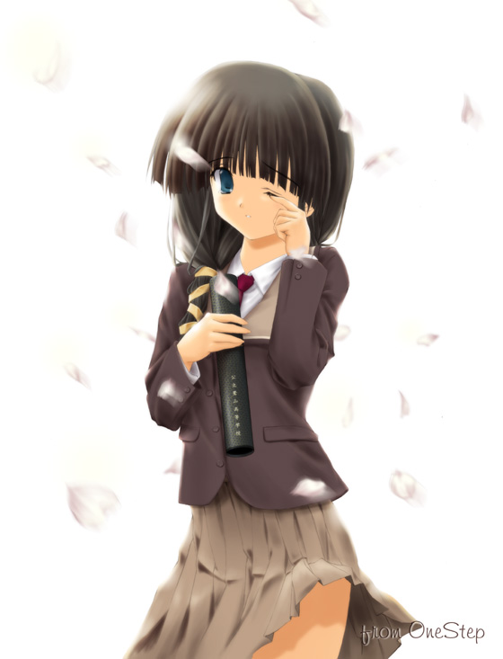 zenzen, zenzen (onestep), hasebe aya, comic party, 00s, 1girl, :o, backlighting, black hair, blazer, blue eyes, blunt bangs, cherry blossoms, cowboy shot, diploma, female focus, graduation, hair over shoulder, hair ribbon, holding, holding diploma, jacket, long hair, long sleeves, looking at viewer, low-tied long hair, motion blur, one eye closed, petals, pleated skirt, ribbon, school uniform, skirt, solo, tears, tube, upskirt, white background, wind, wink, wiping tears