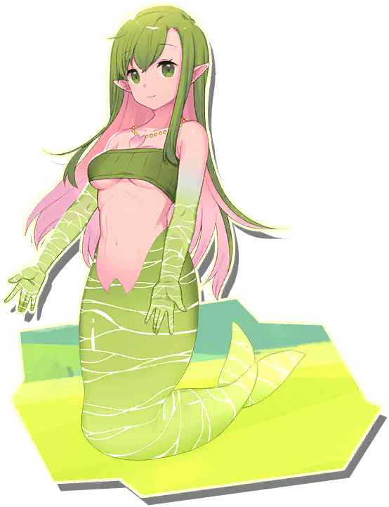 undine (monster farm), monster farm, monster farm online, official art, 1girl, colored skin, green eyes, green hair, jewelry, mermaid, monster girl, multicolored hair, necklace, pink skin, pointy ears, sports bra, yaobikini (monster farm)