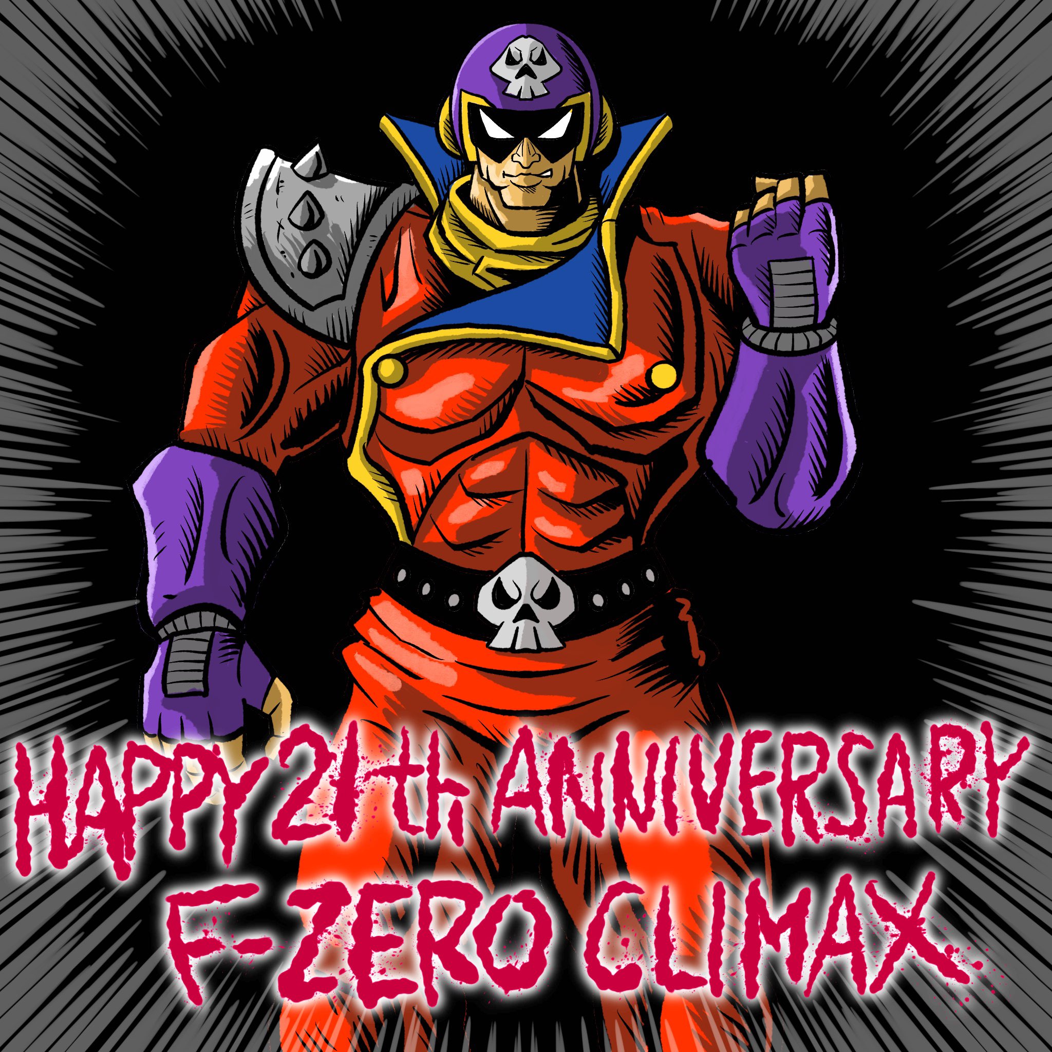 imamura takaya, blood falcon, f-zero, f-zero falcon densetsu, nintendo, highres, 1boy, anniversary, armor, belt, black background, cowboy shot, english text, f-zero climax, facing viewer, fingerless gloves, gloves, grey background, grin, helmet, jacket, motion lines, open mouth, pauldrons, scarf, shoulder armor, skull belt, smile, solo, speed lines