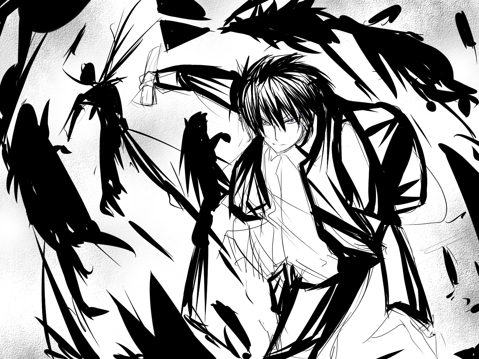 tabuchi (tabuchisanchi), tabuchisan, nanaya shiki, tsukihime, uniform, bad id, bad pixiv id, highres, 00s, 1boy, coat, greyscale, long sleeves, looking at viewer, male focus, monochrome, simple background, sketch, solo, white background