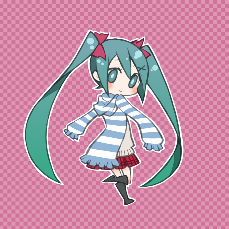 koushi rokushiro, hatsune miku, hajimete no koi ga owaru toki (vocaloid), vocaloid, plaid, striped, bad id, bad pixiv id, 1girl, :>, blush, boots, female focus, green eyes, green hair, hood, hoodie, long hair, matching hair/eyes, solo, twintails, very long hair
