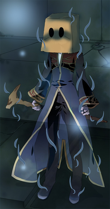 moni, priest (ragnarok online), ragnarok online, commentary request, 1boy, aura, bag, bag on head, black coat, black pants, coat, full body, grey shoes, holding, holding staff, indoors, long sleeves, male focus, multicolored coat, pants, paper bag, red coat, shoes, solo, staff, standing, tile floor, tiles, two-tone coat