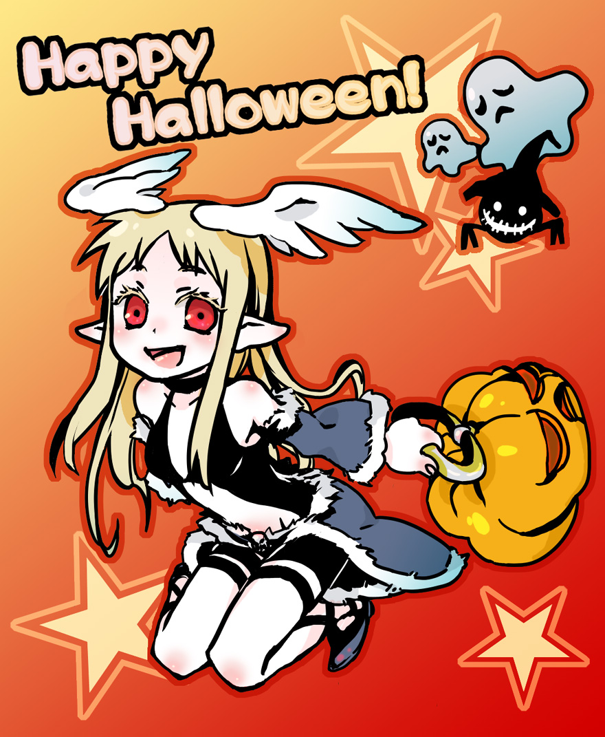 moni, quve (ragnarok online), stalker (ragnarok online), whisper (ragnarok online), ragnarok online, commentary request, 1girl, black shorts, black tank top, blonde hair, blue cape, blue sleeves, breasts, cape, clothing cutout, detached sleeves, full body, fur-trimmed cape, fur-trimmed sleeves, fur trim, ghost, halloween, happy halloween, holding, holding pumpkin, jack-o'-lantern, long hair, looking at viewer, open mouth, orange background, pointy ears, pumpkin, red eyes, short bangs, short shorts, shorts, small breasts, smile, solo, star (symbol), stomach cutout, tank top, waist cape